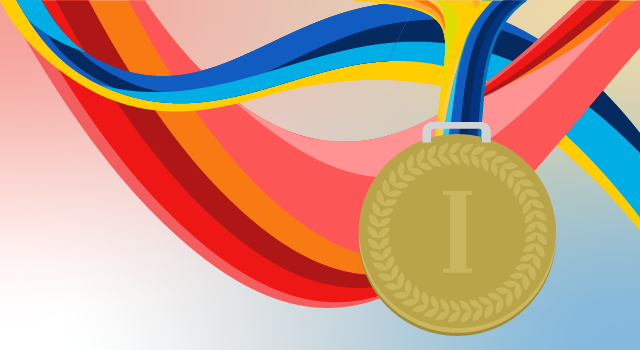 A gold medal and ribbons.