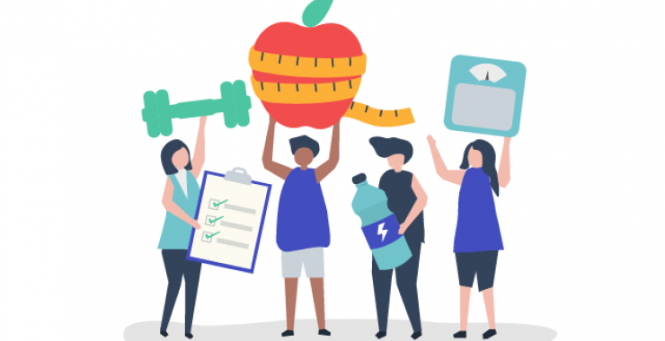 Illustration of women holding up health tools