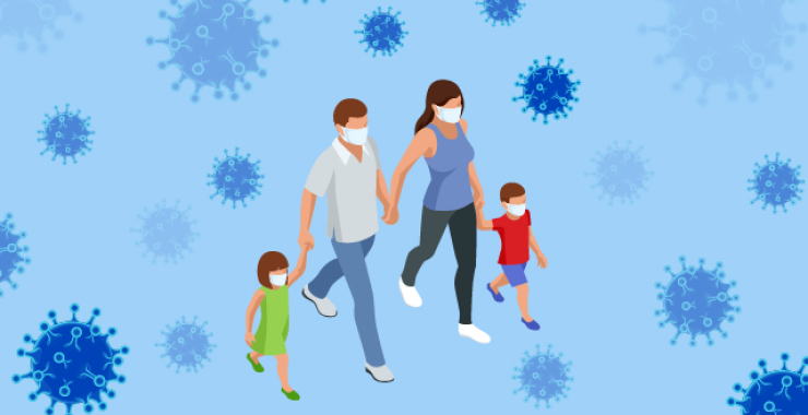Illustration of a masked family walking