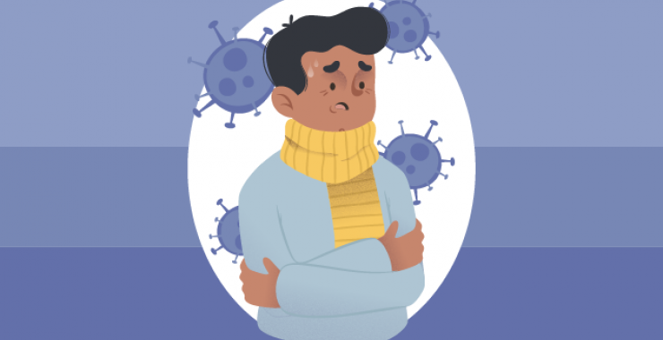 Sad boy surrounded by virus illustrations