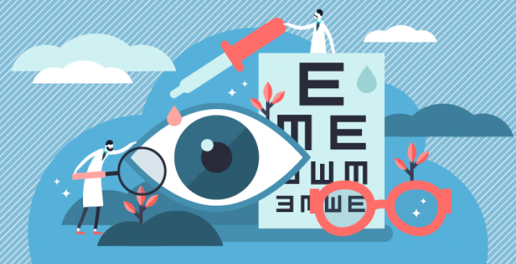 Vision exam illustration - eyeball and chart with doctors