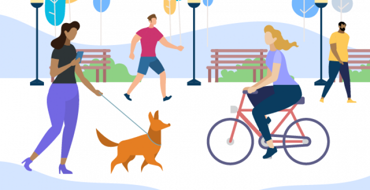 Walking a dog and riding a bike illustration