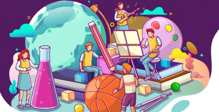 Globe with teachers in front of it - illustrated