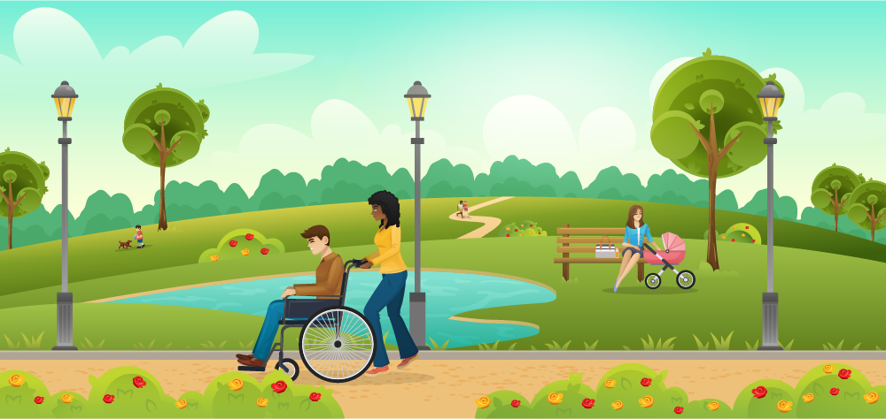 Disability A member being pushed in a wheelchair through the park.