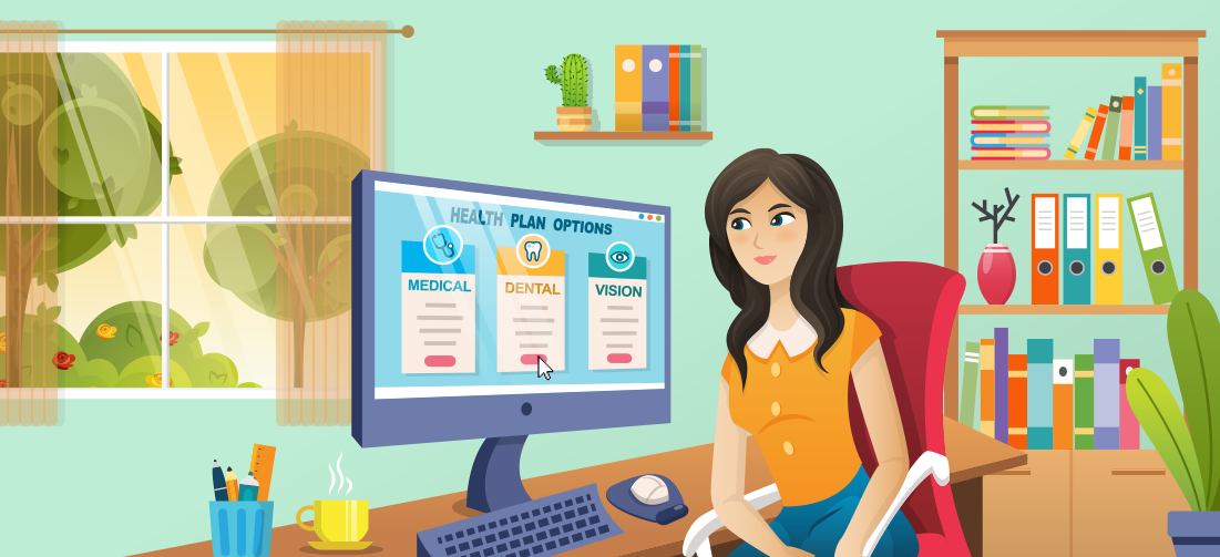 Enrollment Landing Page A woman looking at her computer showing benefits.
