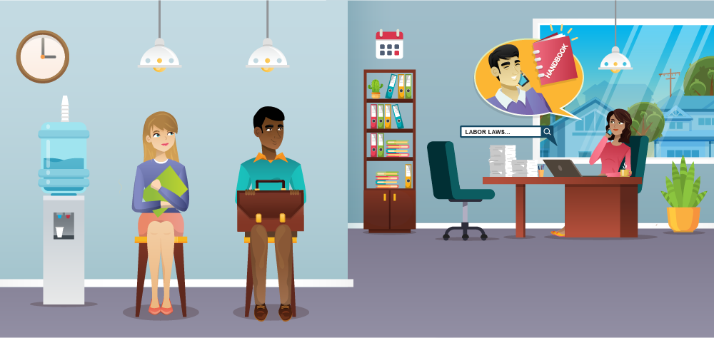 HR _Services Two people waiting in a human resources office ready to interview - illustration