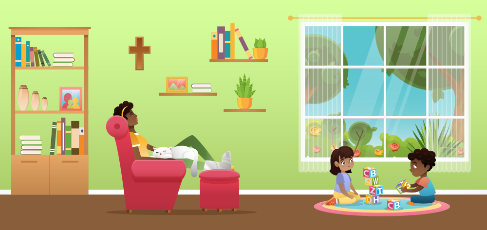 Woman relaxing with her cat - illustration