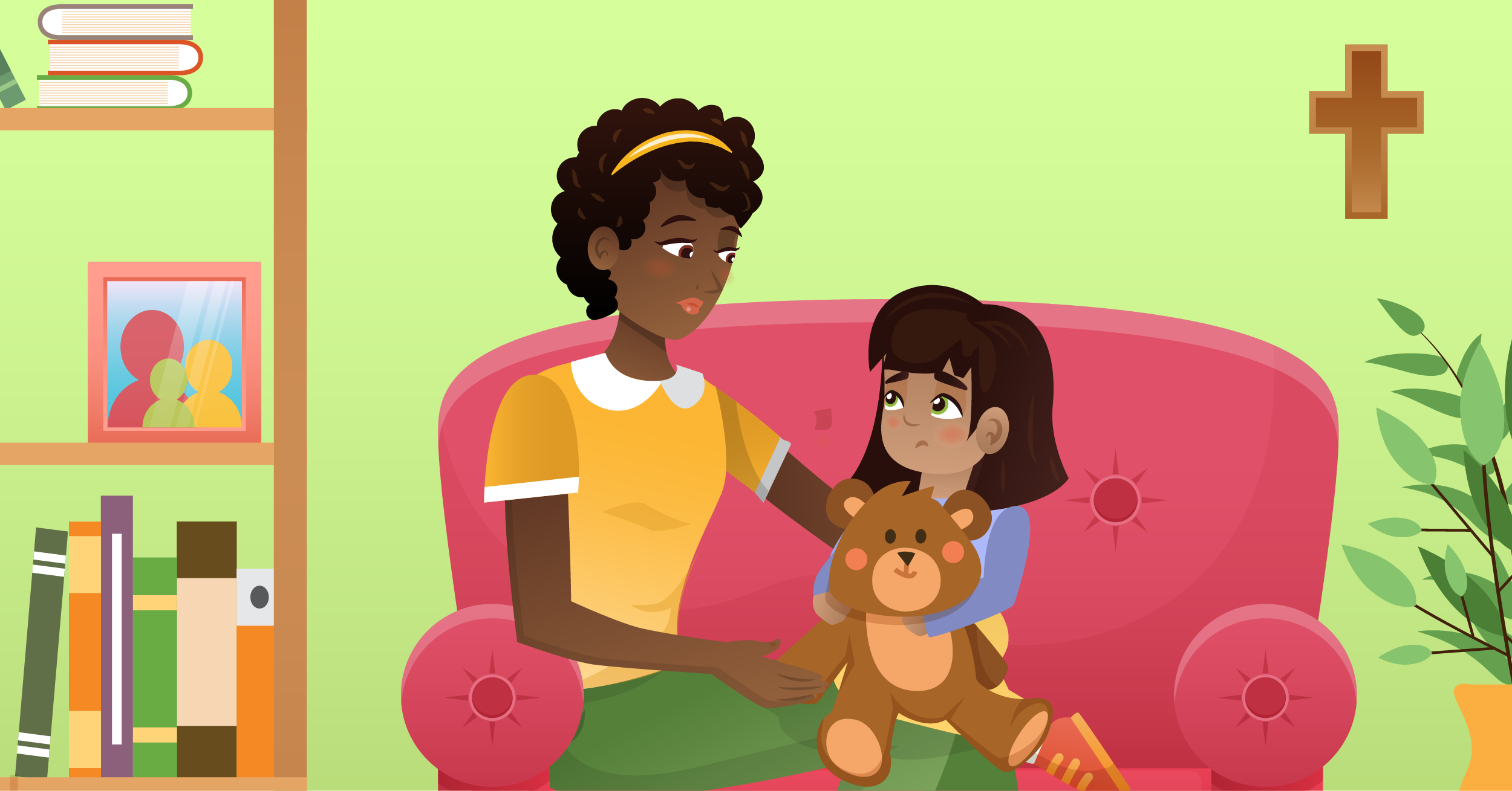 Mother comforting child in living room